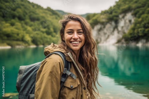 Medium shot portrait photography of a happy girl in her 20s wearing a rugged denim jacket at the plitvice lakes national park croatia. With generative AI technology © Markus Schröder
