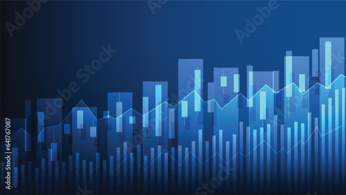 stock market trend with bar chart and candlesticks on blue background