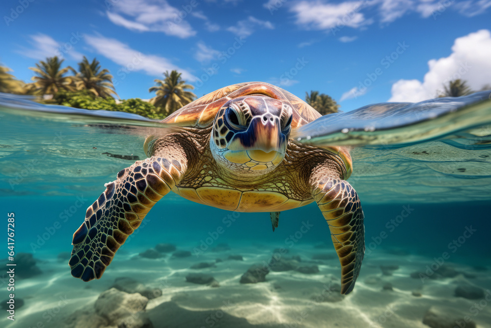 A beautiful sea turtle floating on the water overlooking tropical palm trees.generative ai
