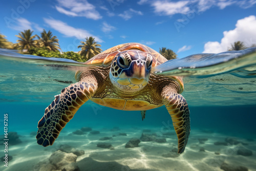 A beautiful sea turtle floating on the water overlooking tropical palm trees.generative ai 