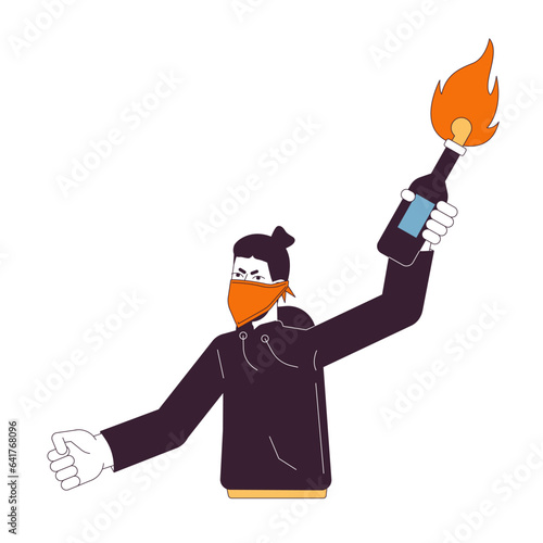 Rebel holding molotov cocktail flat line color vector character. Revolt. White revolutionary. Editable outline half body person on white. Simple cartoon spot illustration for web graphic design
