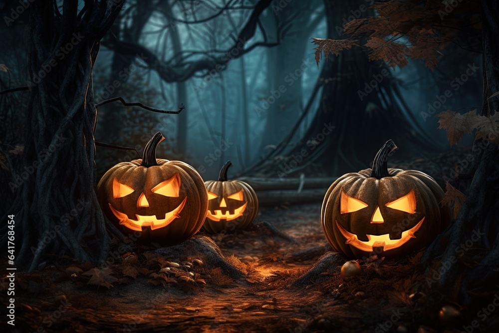 Halloween pumpkins in the dark forest. Scary halloween concept.Generative Ai Halloween pumpkins in the dark forest. Scary halloween concept.Generative Ai