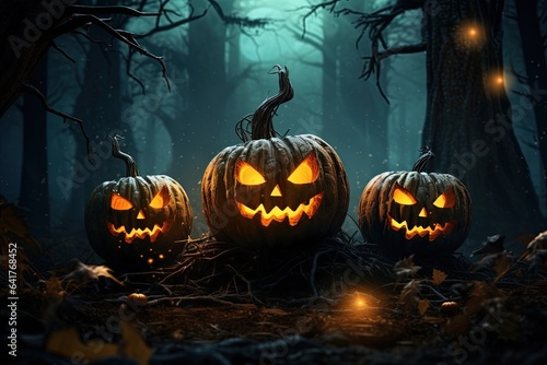 Halloween pumpkins in the dark forest. Scary halloween concept.Generative Ai