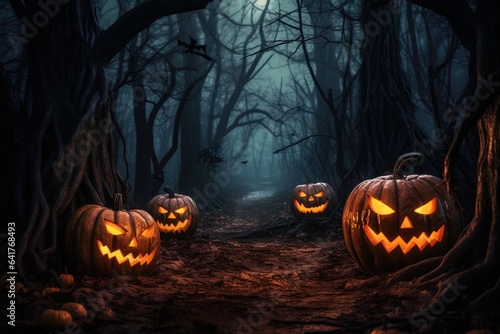 Halloween pumpkins in the dark forest. Scary halloween concept.Generative Ai © Rudsaphon
