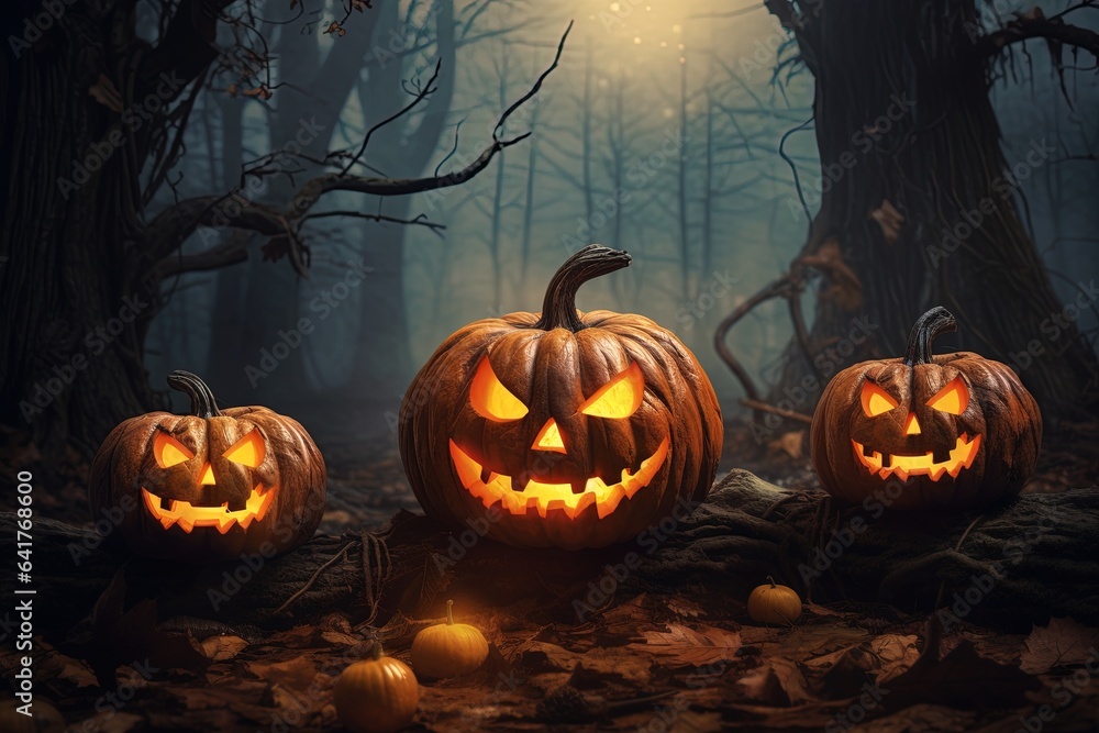 Fototapeta premium Halloween pumpkins in the dark forest. Scary halloween concept.Generative Ai
