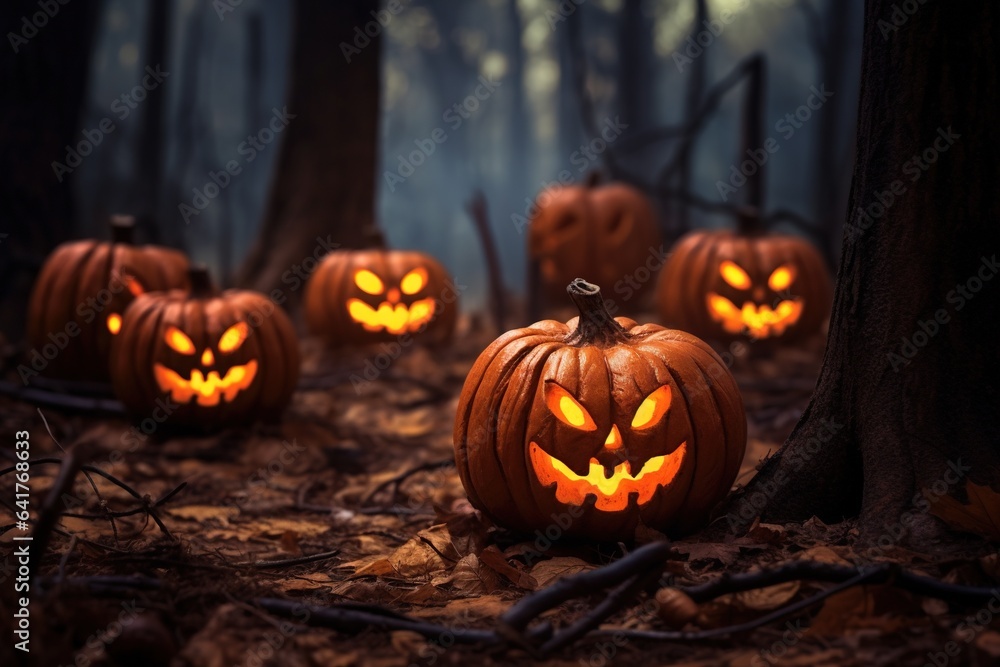Halloween pumpkins in the dark forest. Scary halloween concept.Generative Ai Halloween pumpkins in the dark forest. Scary halloween concept.Generative Ai