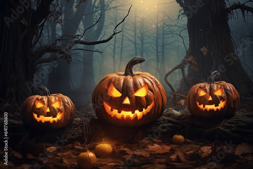 Halloween pumpkins in the dark forest. Scary halloween concept.Generative Ai