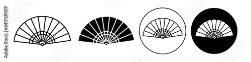 Folding fan icon. Japan or china traditional culture paper fan symbol. Vector logo of cooling fan made of wooden bamboo use in Spanish  flamenco dance. Flat outline set of beauty decorative element 