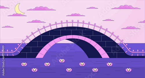 Twilight bridge across river lo fi aesthetic wallpaper. Crescent moon dusk above water lilies 2D vector cartoon landscape illustration, purple lofi background. 90s retro album art, chill vibes