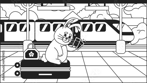 Traveler rabbit on platform black and white cute chill lo fi wallpaper. Luggage tourist bunny with train tickets linear 2D vector cartoon character illustration, monochrome lofi kawaii background