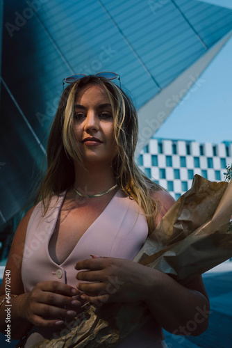 Sunny City Style: Happy Fashionista in Pink Dress and Handbag Stroll