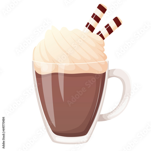 Glass cup of coffee, cocoa decorated with waffle and whipped cream