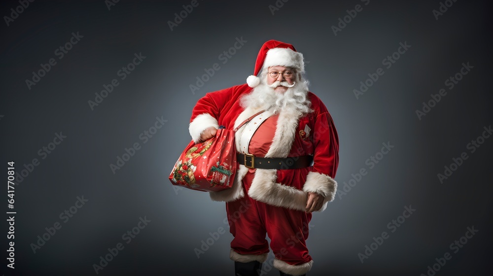 Merry Christmas Theme! Santa Claus in eyeglasses holding gifts for the children, studio shot on light gray background. Generative AI Merry Christmas Theme! Santa Claus in eyeglasses holding gifts for the children, studio shot on light gray background. Generative AI