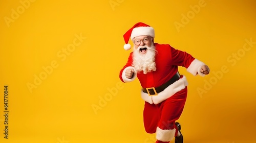 Merry Christmas Theme! Santa Claus in eyeglasses cheerful dancing expression, studio shot on yellow background. Generative AI