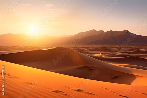 Sand dunes in the Sahara desert with sunlight. Generative AI