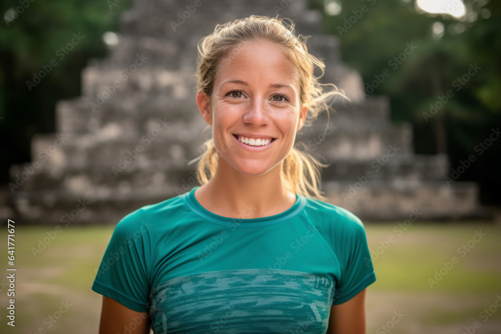 Close-up portrait photography of a blissful girl in her 30s wearing a moisture-wicking running shirt at the chichen itza yucatan mexico. With generative AI technology Close-up portrait photography of a blissful girl in her 30s wearing a moisture-wicking running shirt at the chichen itza yucatan mexico. With generative AI technology