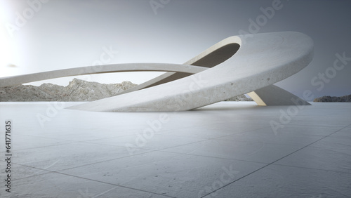 Abstract architecture design 3D rendering of modern building. Empty parking area concrete floor with mountain and blue sky view.