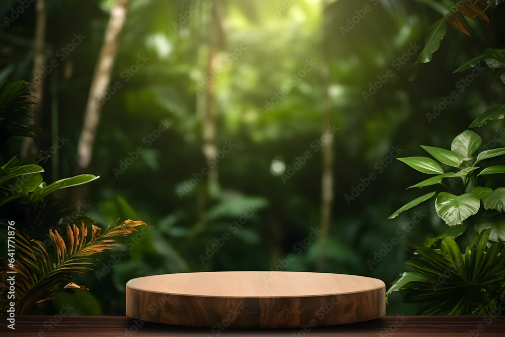 Natural Showcase Wooden Podium in Lush Forest, Perfect for Product Presentation. Harmonious 3D Rendering of Nature and Elegance