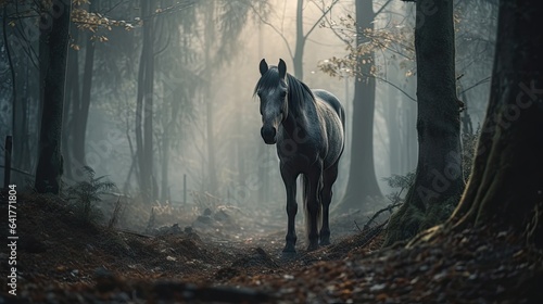 Illustration of a horse relaxing in the wild with other animals in the forest