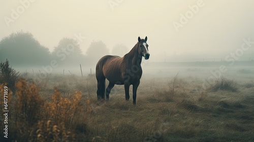Illustration of a horse relaxing in the wild with other animals in the forest © arif