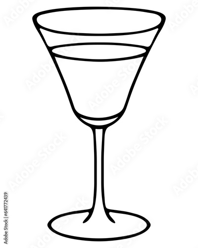 Glass with a cocktail. Sketch. Vector illustration. Crystal container with a refreshing drink. Doodle style. Outline on isolated background. Glass goblet with a long stem. Wine glass. 