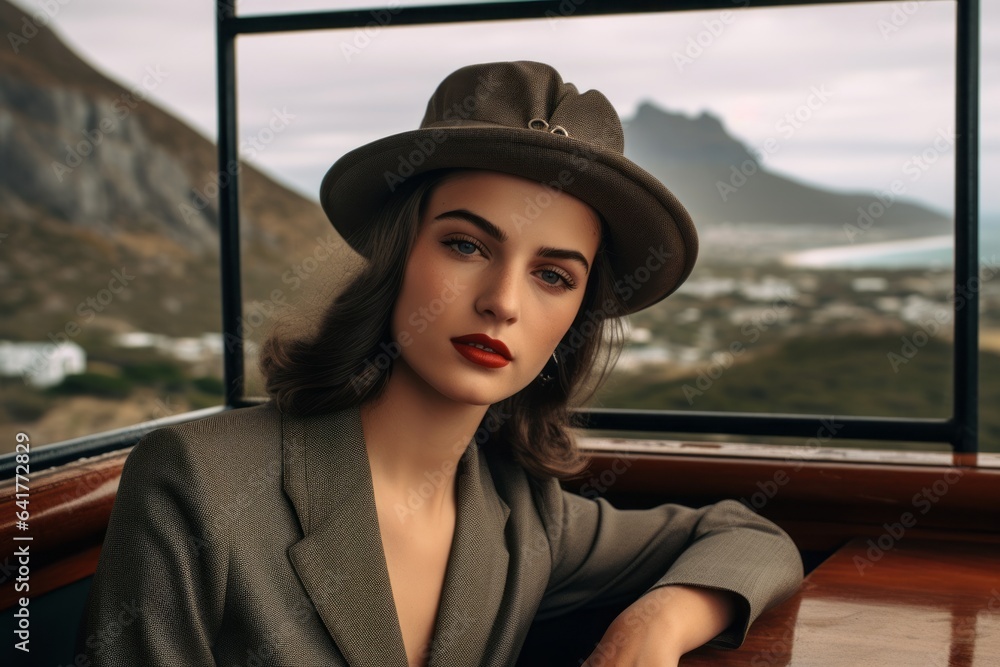 Lifestyle portrait photography of a content girl in his 20s wearing a sophisticated pillbox hat at the table mountain in cape town south africa. With generative AI technology Lifestyle portrait photography of a content girl in his 20s wearing a sophisticated pillbox hat at the table mountain in cape town south africa. With generative AI technology