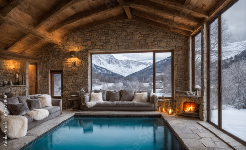 Salon chaleureux en bois et pierres d un h  tel de luxe avec une piscine et une chemin  e en hiver avec vue panoramique sur les montagnes enneig  es