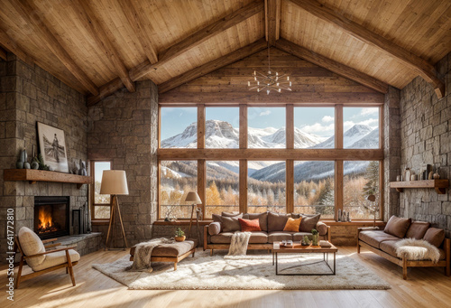 Fototapete Salon chaleureux avec une cheminée dans un chalet en bois en hiver et vue panora