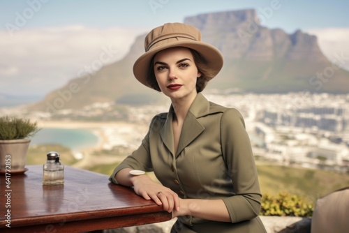 Lifestyle portrait photography of a content girl in his 20s wearing a sophisticated pillbox hat at the table mountain in cape town south africa. With generative AI technology