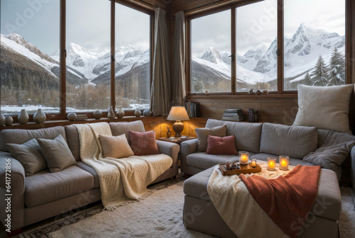 Petit salon confortable un douillet avec des couvertures, des coussins et une vue panoramique sur les montagnes enneigées en hiver