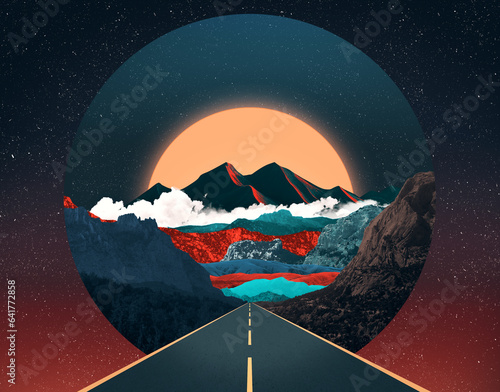 Surreal collage illustration made of torn pieces of vintage photos. Cut out fragments. Contemporary dadaism art. Asphalt road leads to the mountains in front of big bright sunset