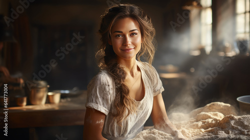 Beautiful woman baker kneads flour in the kitchen