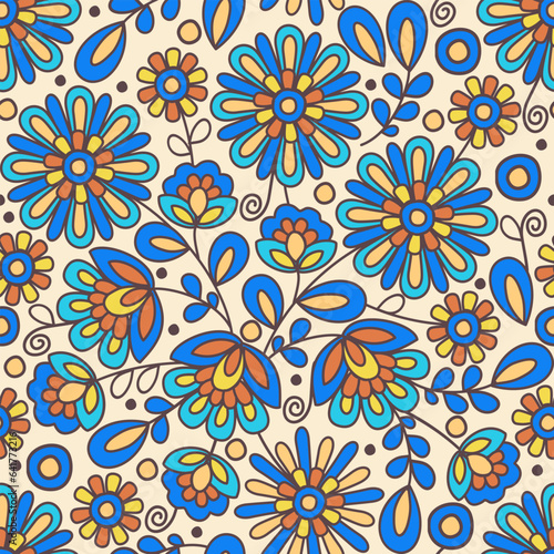 Slavic floral seamless vector ornament. Bright blue and yellow flowers on light background