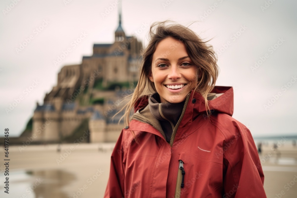 Medium shot portrait photography of a happy girl in her 30s wearing a windproof softshell at the mont saint-michel in normandy france. With generative AI technology