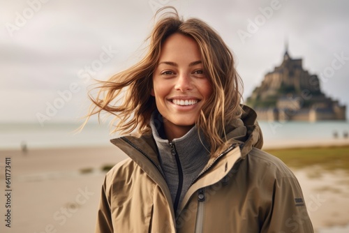 Medium shot portrait photography of a happy girl in her 30s wearing a windproof softshell at the mont saint-michel in normandy france. With generative AI technology photo