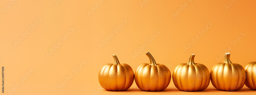 Golden festive autumn pumpkings on Pastel orange background Golden festive autumn pumpkings on Pastel orange background