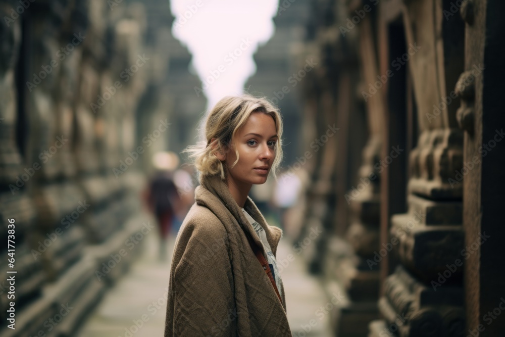 Environmental portrait photography of a content girl in her 40s wearing a chic cardigan at the borobudur temple in magelang indonesia. With generative AI technology Environmental portrait photography of a content girl in her 40s wearing a chic cardigan at the borobudur temple in magelang indonesia. With generative AI technology