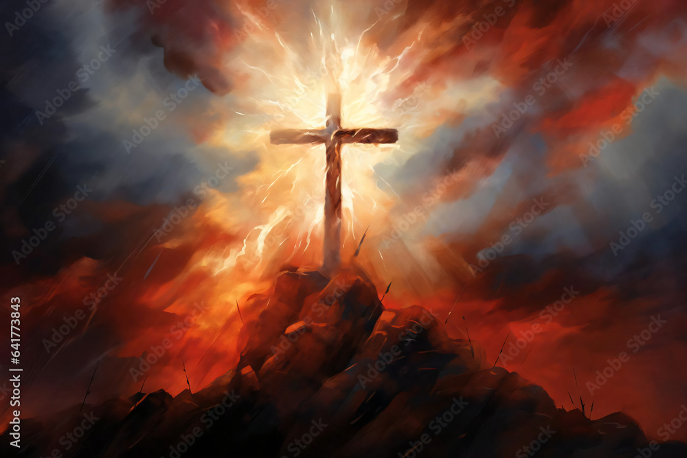 Radiant light shining from a cross with fiery sky illustration