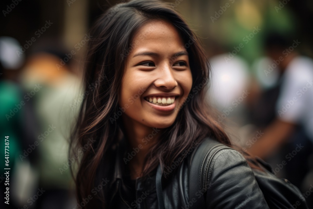 custom made wallpaper toronto digitalClose-up portrait photography of a happy girl in her 30s wearing a classic leather jacket at the borobudur temple in magelang indonesia. With generative AI technology