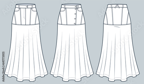 Set of Skirts technical fashion illustration. Denim Skirt fashion flat technical drawing template, zipper, buttons, pockets, midi, A-line, front and back view, white, women CAD mockup set.