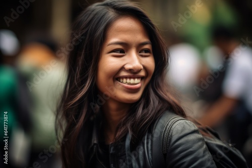 Wallpaper Mural Close-up portrait photography of a happy girl in her 30s wearing a classic leather jacket at the borobudur temple in magelang indonesia. With generative AI technology Torontodigital.ca