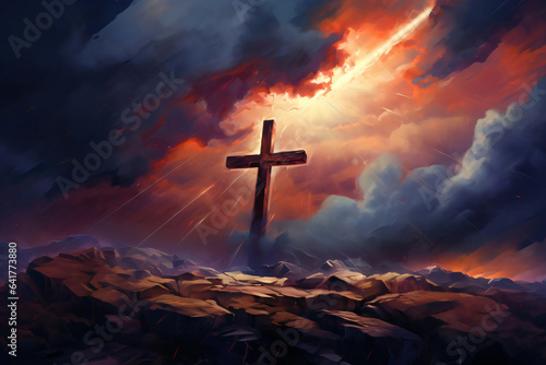 Radiant light shining from a cross with fiery sky illustration