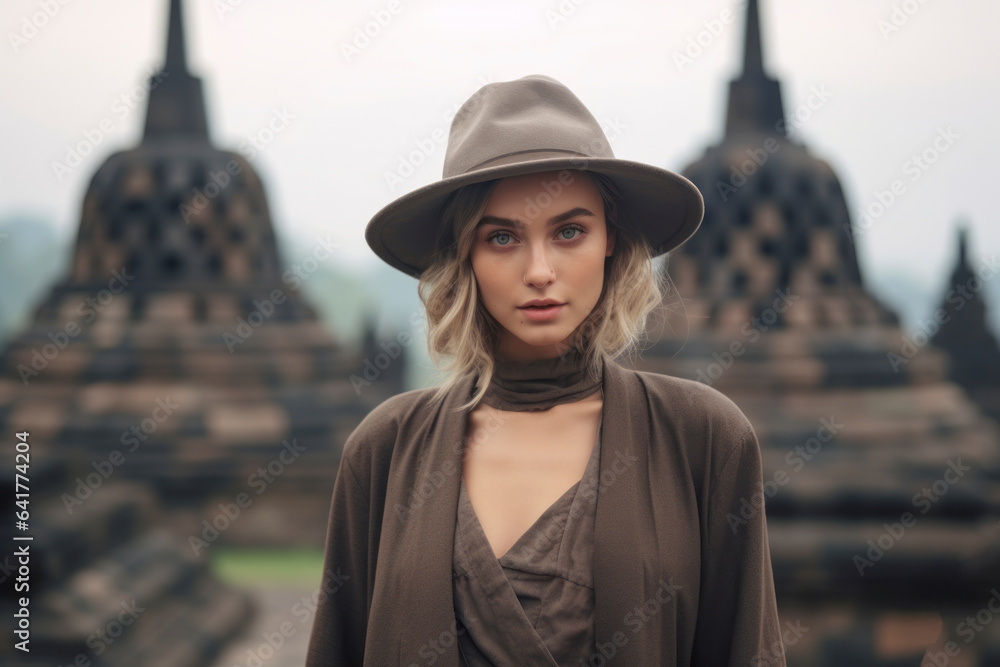 Lifestyle portrait photography of a tender girl in her 20s wearing a formal top hat at the borobudur temple in magelang indonesia. With generative AI technology