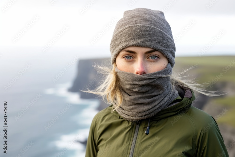 Environmental portrait photography of a happy girl in her 30s wearing a protective neck gaiter at the cliffs of moher in county clare ireland. With generative AI technology Environmental portrait photography of a happy girl in her 30s wearing a protective neck gaiter at the cliffs of moher in county clare ireland. With generative AI technology