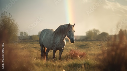 Illustration of a horse relaxing in the wild with other animals in the forest