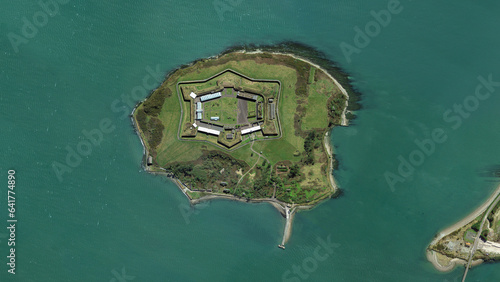 Tela Fort Mitchel, historical island fortress aerial view from above – Bird’s eye vie