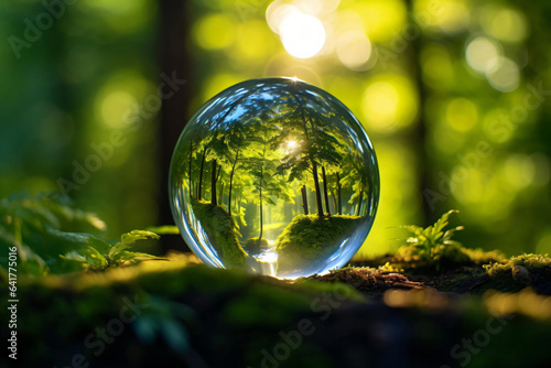 Photo of a glass globe nestled in a lush green top