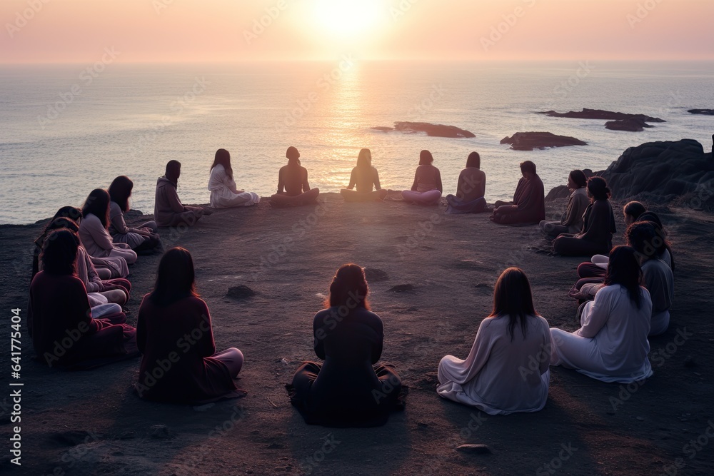 Group of Women practicing mindfulness in a circle near the ocean. top view with copy space and sunrise in the background Group of Women practicing mindfulness in a circle near the ocean. top view with copy space and sunrise in the background