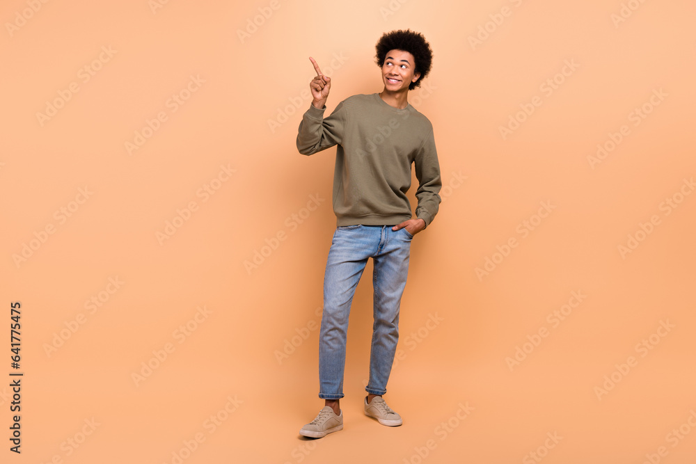 Fototapeta premium Full length photo of optimistic person afro hairdo dressed khaki pullover look directing empty space isolated on beige color background