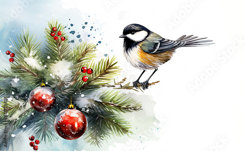 Christmas Poster. illustration of Christmas Background with branches of christmas tree and Chickadees. Post processed AI generated image © bit24